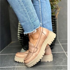 Miz Mooz Legend Women's Chunky Leather Loafer Platform Shoes Tan Size 38